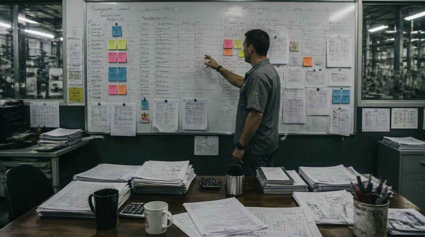 Sala de PCP com quadro tomado por post-its e pilhas de ordens de produção sobre a mesa