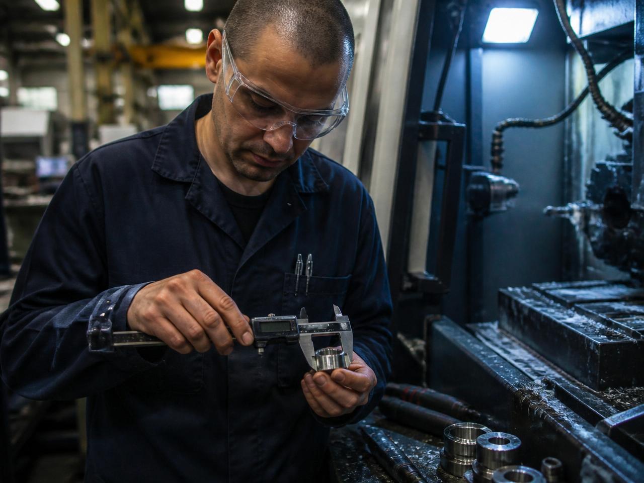 Técnico medindo peça usinada com paquímetro digital ao lado da máquina