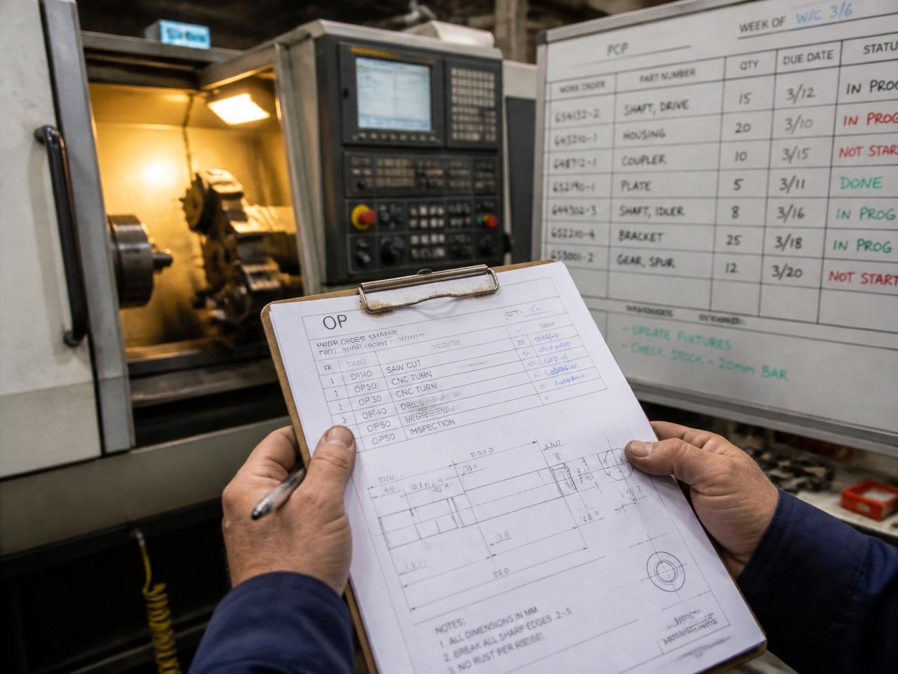 Fluxo de produção industrial com ordens e documentos técnicos
